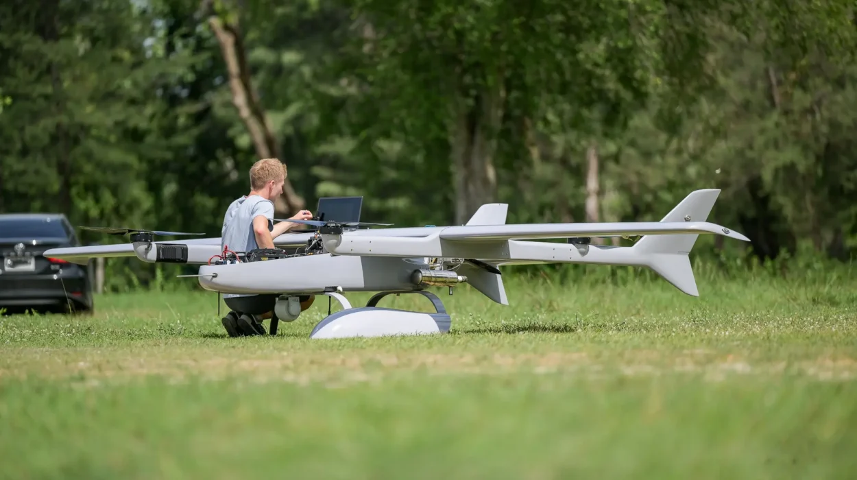 An engineer is working on a UAV with Gimbal camera.